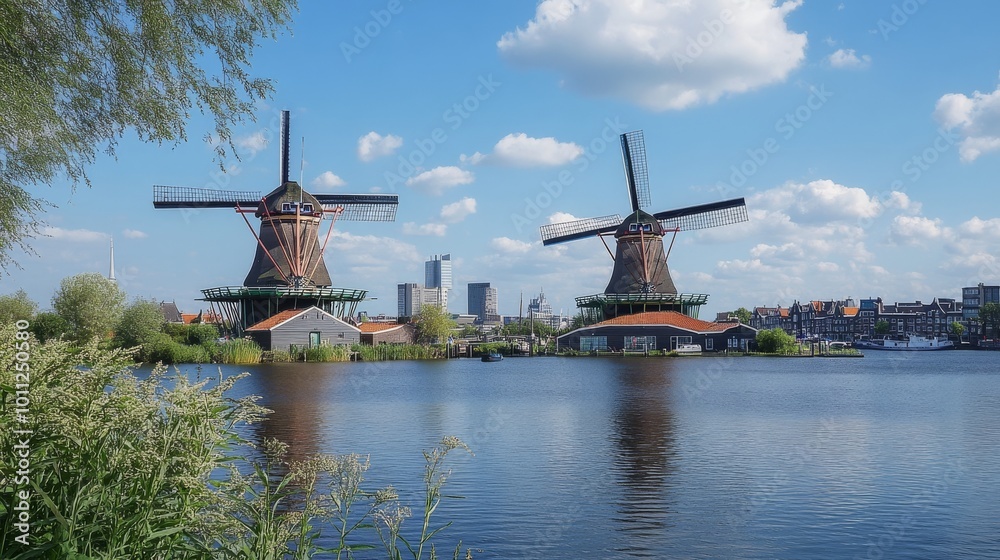 Obraz premium Rotterdam's Kralingen Lake boasts historic windmills.