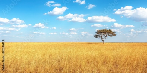 Serene landscape featuring a solitary tree in a golden field under a bright blue sky with fluffy clouds.