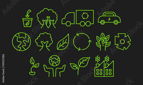 Go green icon set. Trees, dump truck, recycle, electric car, earth, pollution, and leaf icons collection. Environmental simple signs.