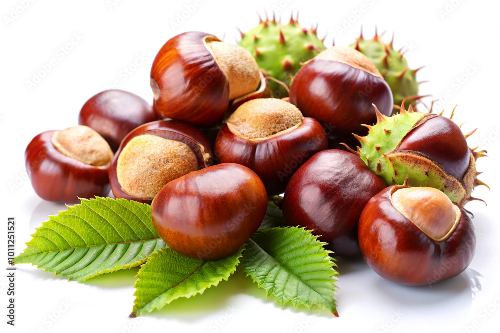 Fresh horse chestnuts with leaves, isolated on white background Fresh horse chestnuts with leaves, isolated on white background