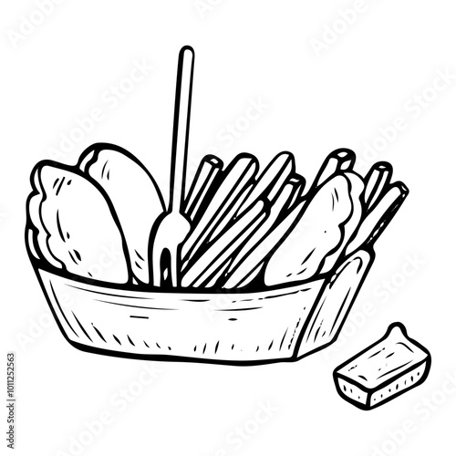 French fries and nuggets hand drawn doodle. Deep fried potato pieces and battered chicken with sauce. Basket with fork. Snack fast food. Order in cafe. Vector sketch line art illustration.