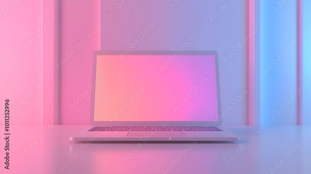 Minimalist Laptop Setup with Pink and Blue Neon Lights Minimalist Laptop Setup with Pink and Blue Neon Lights