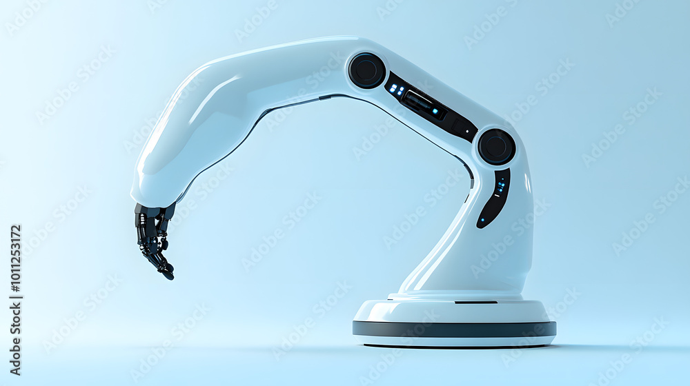White Robotic Arm on Blue Background: Automation and Technology