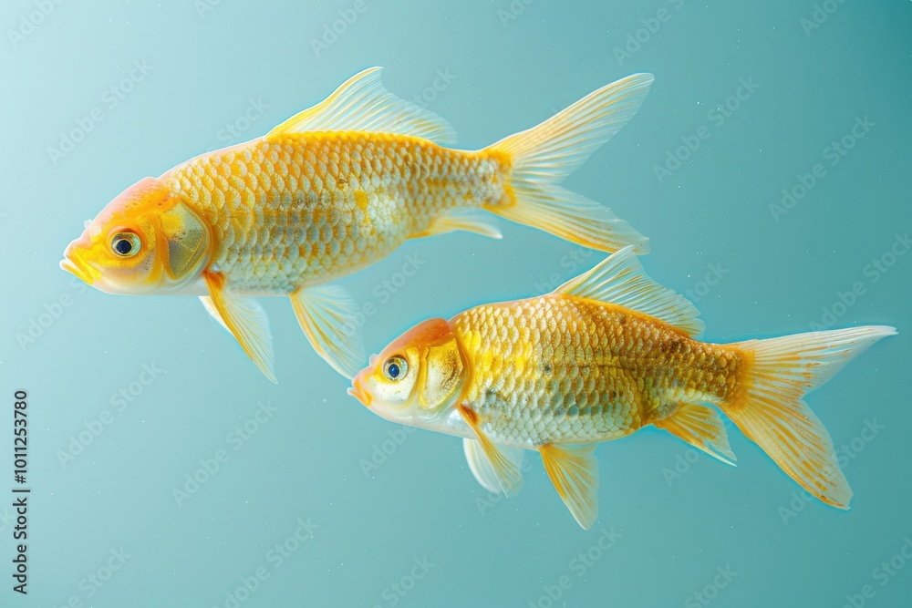 Two goldfish swimming gracefully in a clear aquarium environment Two goldfish swimming gracefully in a clear aquarium environment