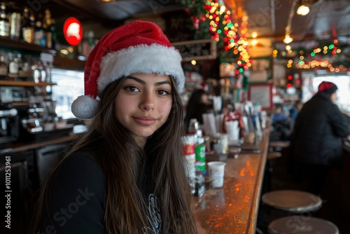 Young Woman Wearing a Santa Hat at a Bar