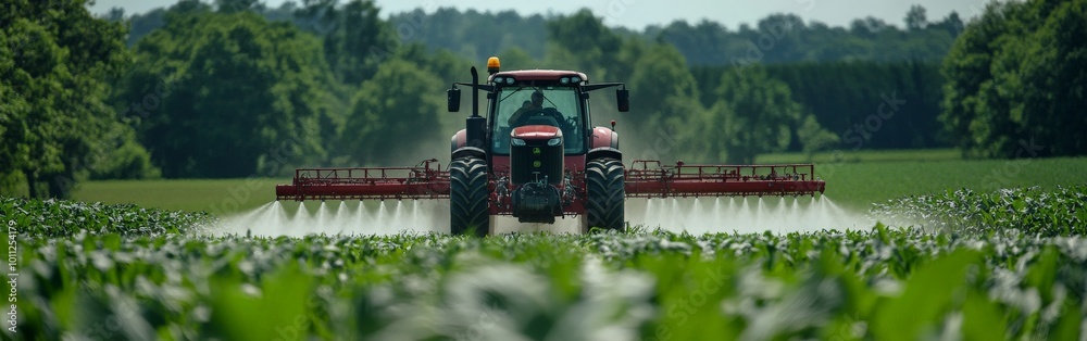 Tractor Spraying Pesticides on Cornfield in Spring Agricultural Scene