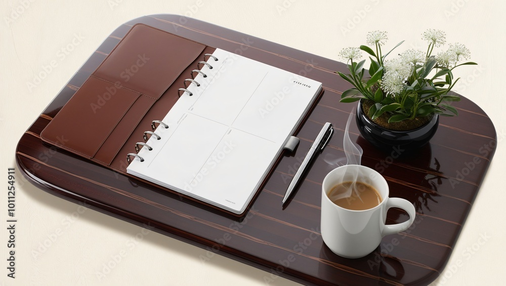 A sleek tabletop with an open planner, a pen, and a cup of coffee beside a small indoor plant, representing an organized day. A sleek tabletop with an open planner, a pen, and a cup of coffee beside a small indoor plant, representing an organized day.