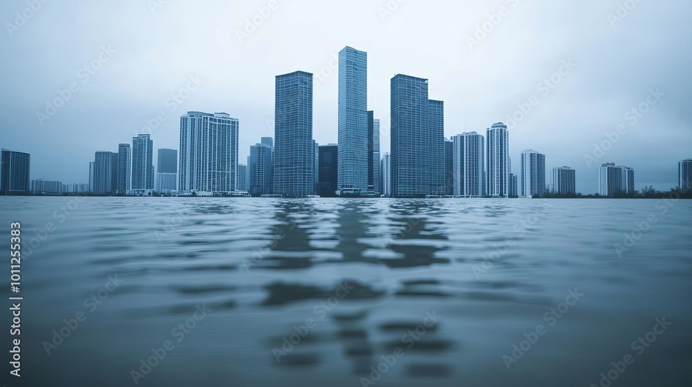A city submerged by floodwaters with skyscrapers barely visible, highlighting the catastrophic impact of rising sea levels on urban areas