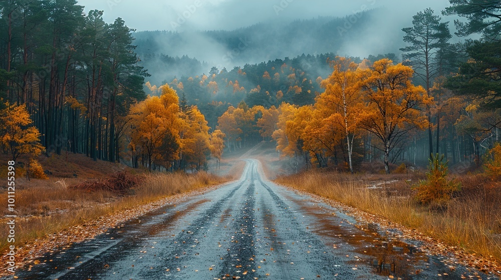Autumn Road Through Misty Forest - Landscape Photography Autumn Road Through Misty Forest - Landscape Photography