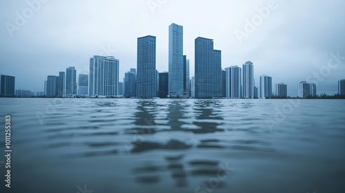 A city submerged by floodwaters with skyscrapers barely visible, highlighting the catastrophic impact of rising sea levels on urban areas