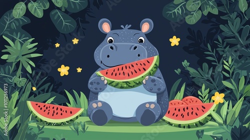 Baby hippo eating watermelon, summer picnic, flat design illustration photo