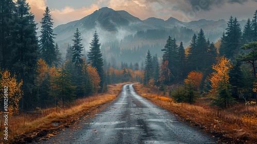 Serene Mountain Road Through Foggy Forest in Autumn