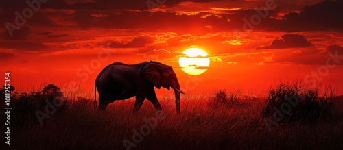 Silhouette of an elephant walking through tall grass at sunset with a bright, orange sun in the sky.