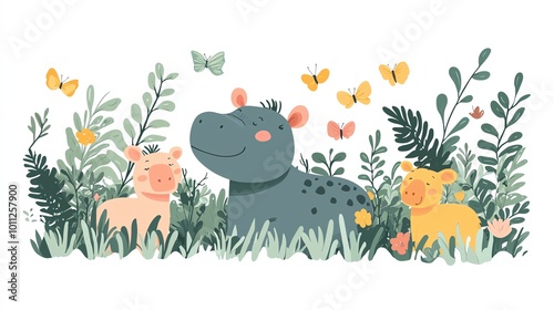 Baby hippo with jungle animals, harmonious wildlife, flat design illustration photo