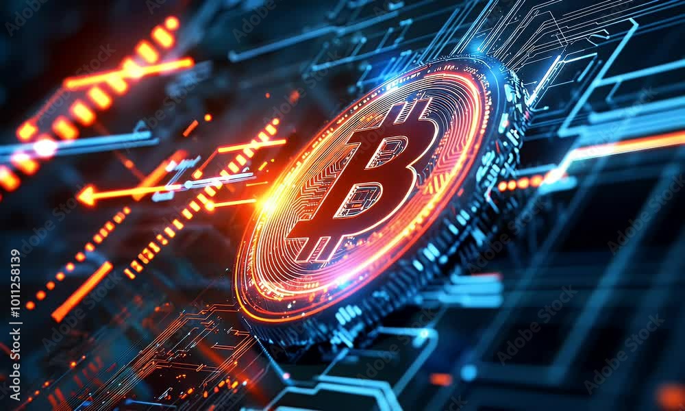 A digital representation of Bitcoin with glowing circuits and a futuristic design. A digital representation of Bitcoin with glowing circuits and a futuristic design.