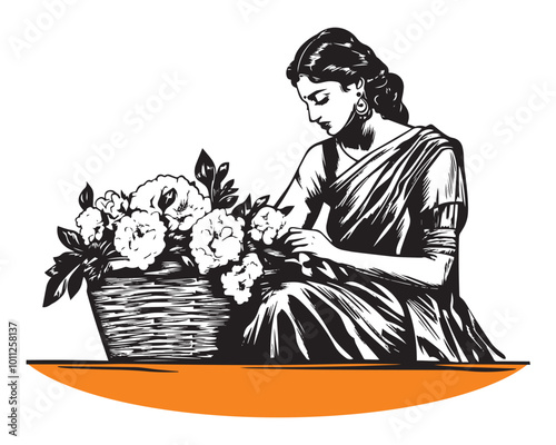  Hand-drawn Vector Illustration of Indian Woman in Saree Arranging Flowers in Basket with Orange Accent