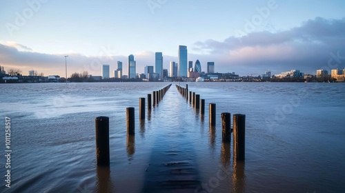 Broken flood defenses releasing water into a city, symbolizing infrastructure failure in the face of extreme weather events