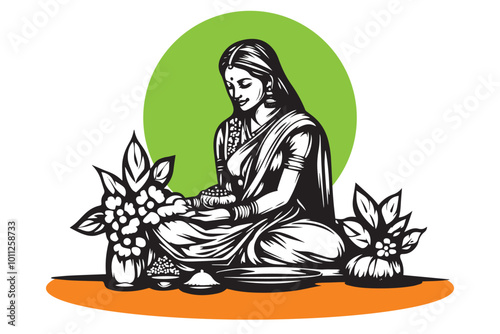 Hand-drawn vector illustration of a woman in traditional attire sitting in prayer with flowers