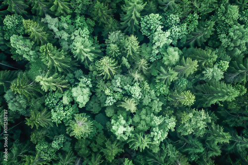 Aerial view of lush green forest canopy creating textured pattern