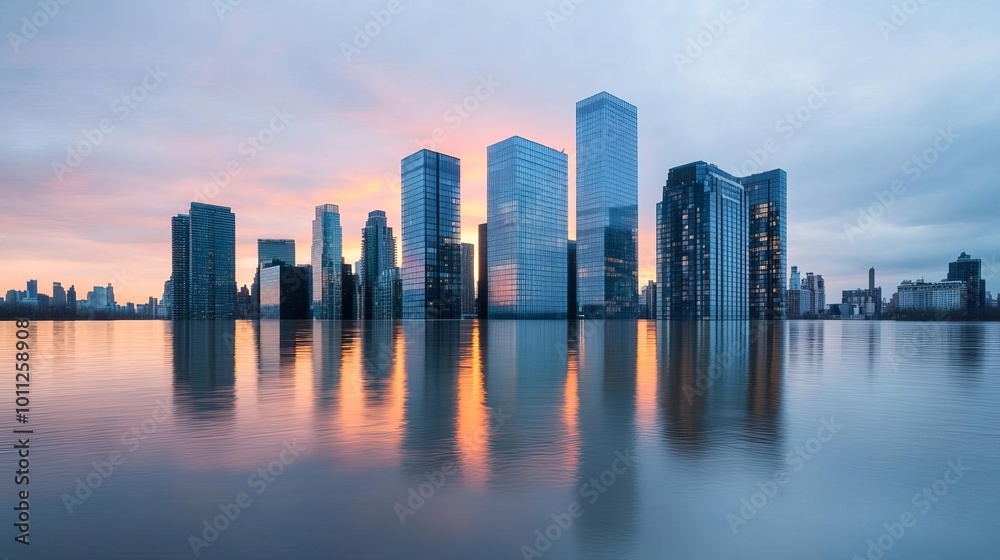 City skyline at sunset with floodwaters reflecting on glass skyscrapers, symbolizing the future of urban areas affected by rising sea levels City skyline at sunset with floodwaters reflecting on glass skyscrapers, symbolizing the future of urban areas affected by rising sea levels