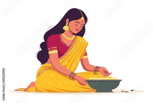 Illustration of a woman in yellow sari sitting with a bowl in traditional Indian attire