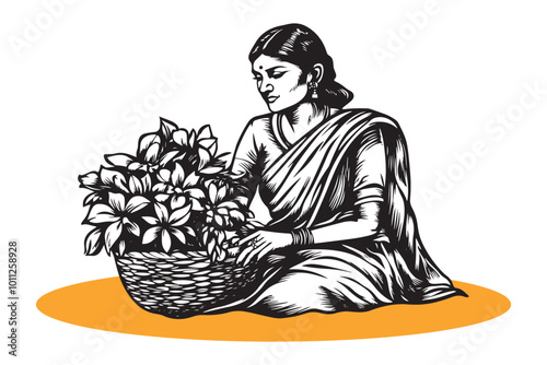  Hand-drawn engraved style vector illustration of a woman arranging flowers in a basket