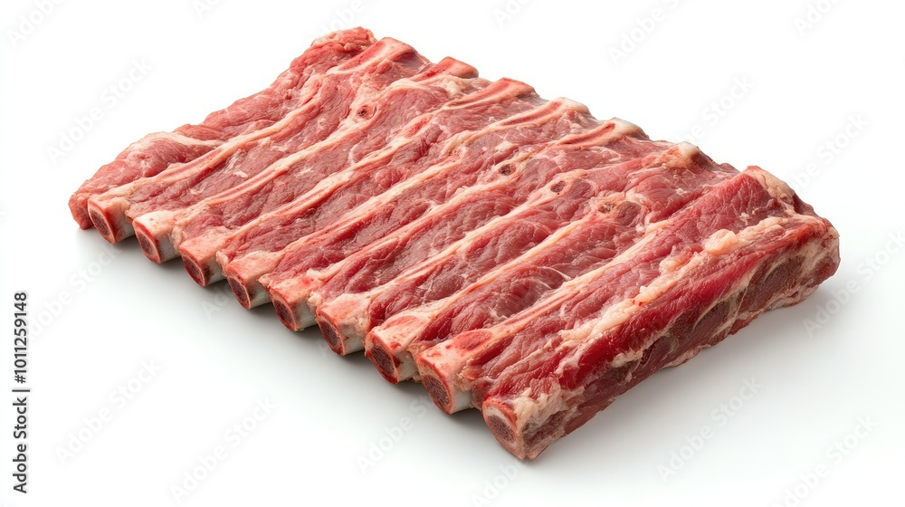 A slab of raw ribs, neatly trimmed, laid on a white background, emphasizing the quality and texture of the cut. A slab of raw ribs, neatly trimmed, laid on a white background, emphasizing the quality and texture of the cut.