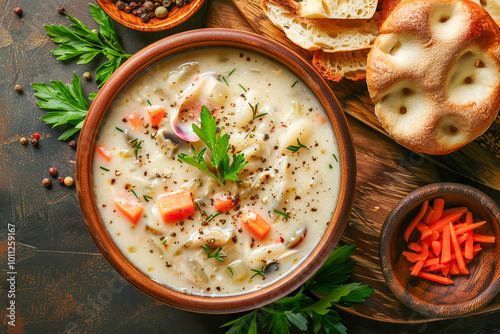 Bowl of creamy new england clam chowder soup with parsley and bread photo