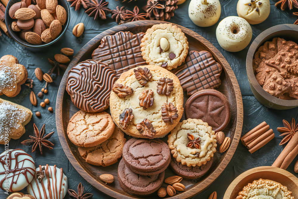 Homemade cookies resting on wooden plate surrounded by festive spices and nuts Homemade cookies resting on wooden plate surrounded by festive spices and nuts