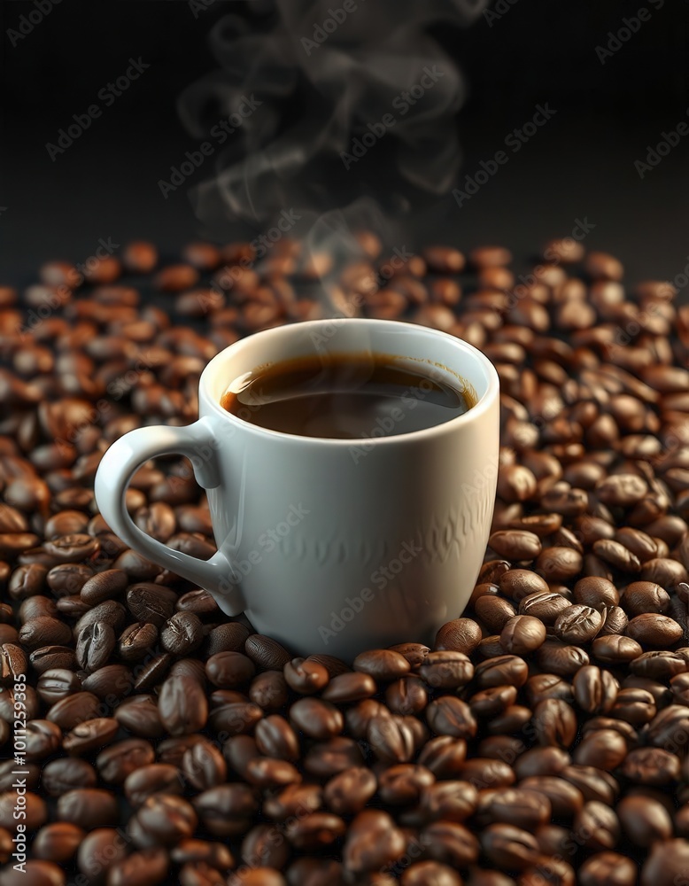 Fototapeta premium Hot Coffee Cup on Coffee Beans