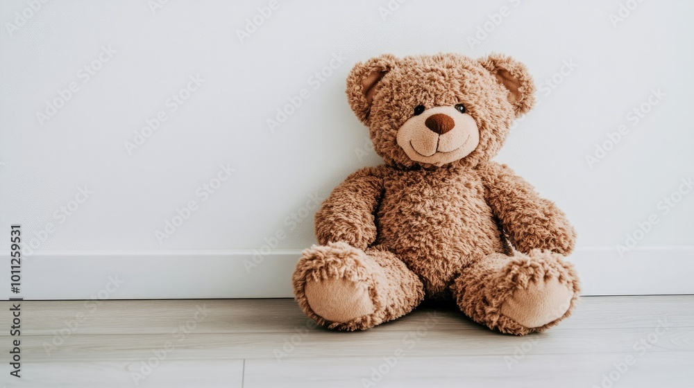 A small teddy bear, sitting alone on a white background, with its soft texture and adorable appearance, ideal for baby and toy-related visuals.