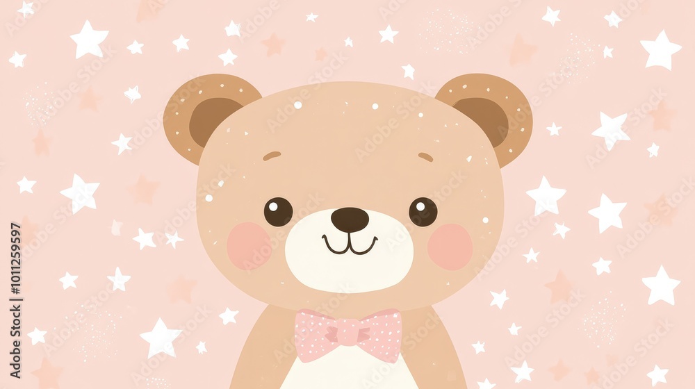 A smiling cartoon bear wearing a bowtie, set against a pastel peach background, creating a friendly and charming character illustration. A smiling cartoon bear wearing a bowtie, set against a pastel peach background, creating a friendly and charming character illustration.