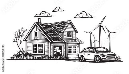 Engraved hand-drawn illustration of a sustainable house with solar panels and wind turbines