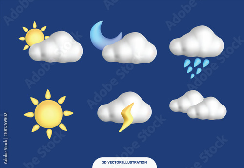 Various weather elements like clouds, sun, moon, rain, and lightning on a blue background. Perfect for weather-related designs or educational materials.