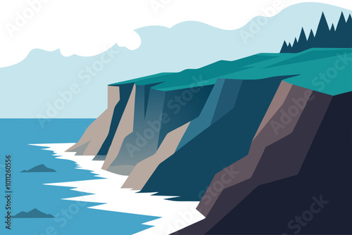 Vector Illustration of Majestic Steep Cliffs by a Roaring Ocean in Vibrant Colors
