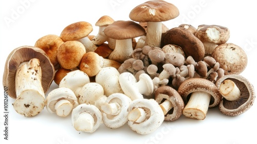 A variety of whole mushrooms, placed randomly on a white background, highlighting their organic shapes and natural beauty.