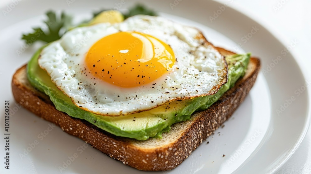 A vibrant breakfast plate of avocado toast topped with a runny yolk egg, set against a white background,