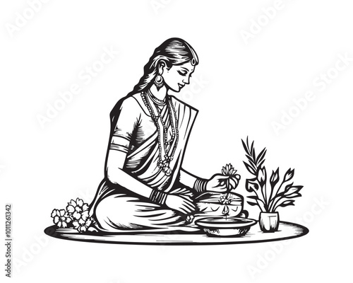 Traditional Indian woman offering flowers during a prayer ritual in black and white illustration