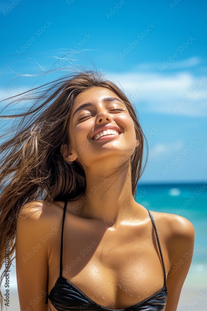 Smiling woman enjoying her summer vacation on a tropical beach, with the wind in her hair, vibrant blue ocean, and clear skies, radiating joy and relaxation Smiling woman enjoying her summer vacation on a tropical beach, with the wind in her hair, vibrant blue ocean, and clear skies, radiating joy and relaxation