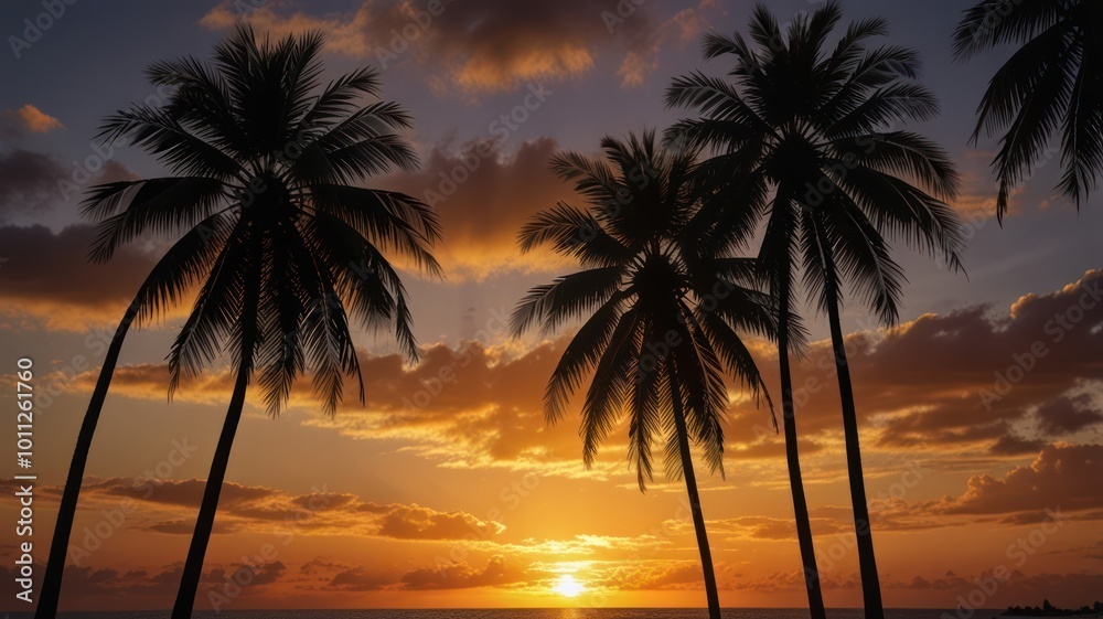 Silhouettes of palm trees against a colorful sunset over the ocean. Silhouettes of palm trees against a colorful sunset over the ocean.