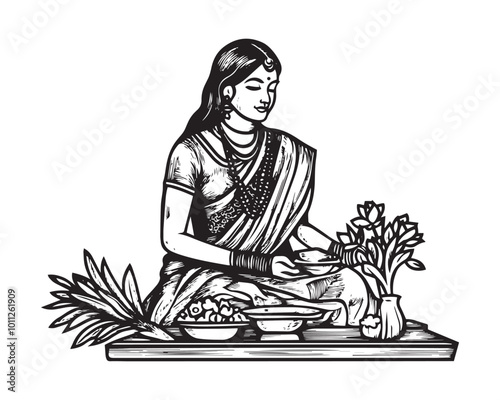 Hand-drawn Engraved Woodcut Vector Illustration of Indian Woman in Saree Serving Traditional Food