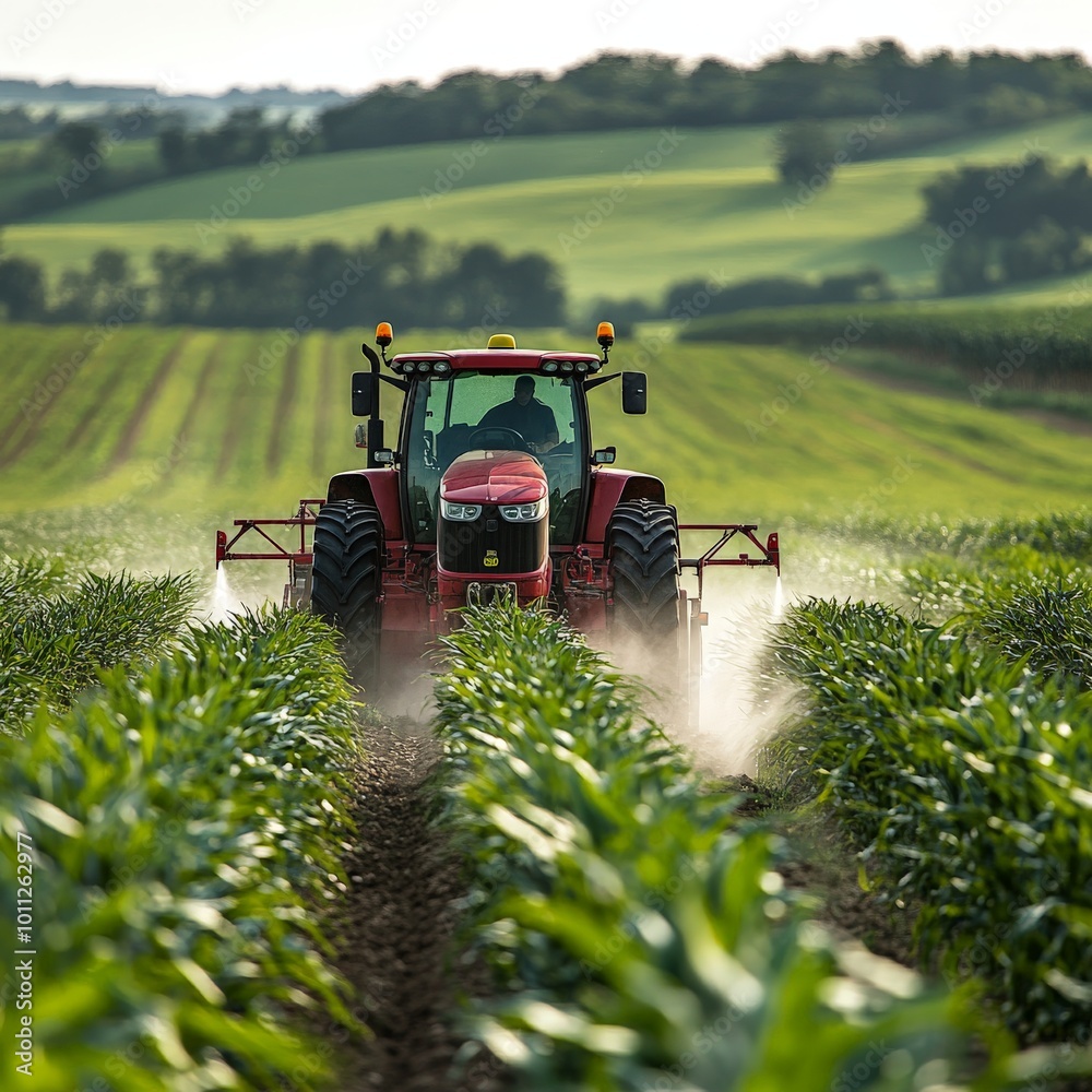 Fototapeta premium Modern Farming Tractor Spraying Pesticides on Spring Cornfield