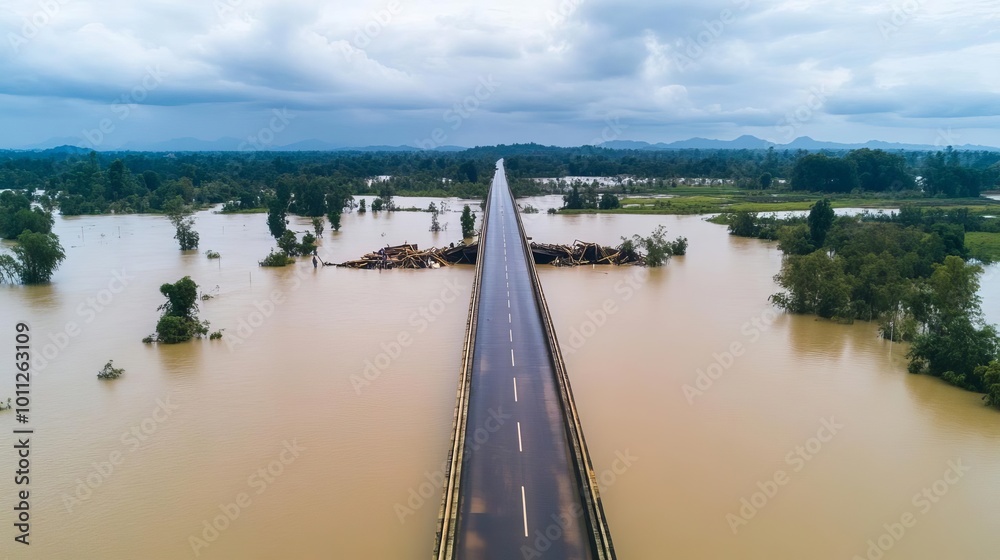 Flood-damaged bridges in rural areas, cut-off roads with stranded people, highlighting the isolation caused by extreme weather Flood-damaged bridges in rural areas, cut-off roads with stranded people, highlighting the isolation caused by extreme weather