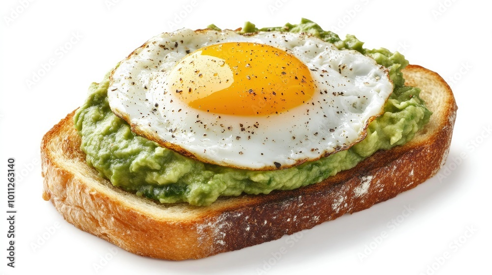 A classic breakfast of mashed avocado on toast with a perfectly fried egg, sitting on a white background, ideal for nutrition and culinary imagery. A classic breakfast of mashed avocado on toast with a perfectly fried egg, sitting on a white background, ideal for nutrition and culinary imagery.