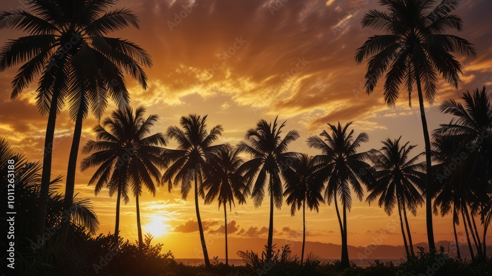 Obraz premium Silhouettes of palm trees against a fiery sunset sky.
