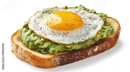 A classic breakfast of mashed avocado on toast with a perfectly fried egg, sitting on a white background, ideal for nutrition and culinary imagery.