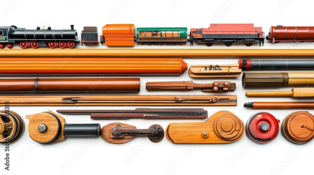 A classic toy train set, arranged neatly on a white background, capturing a nostalgic feel with its vintage design and vibrant colors. A classic toy train set, arranged neatly on a white background, capturing a nostalgic feel with its vintage design and vibrant colors.