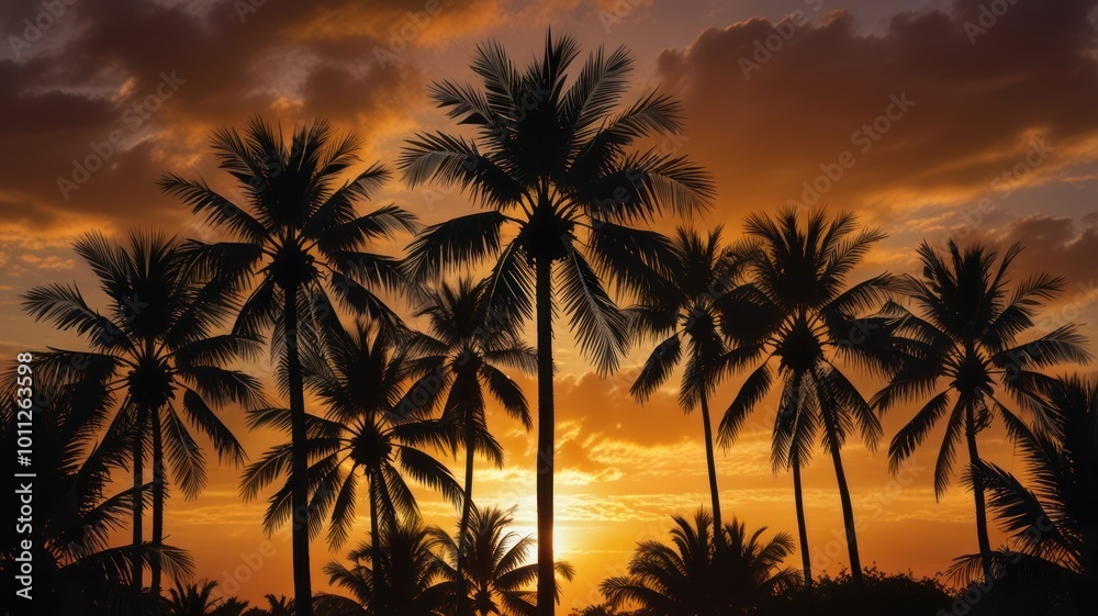 Silhouettes of palm trees against a vibrant sunset sky. Silhouettes of palm trees against a vibrant sunset sky.