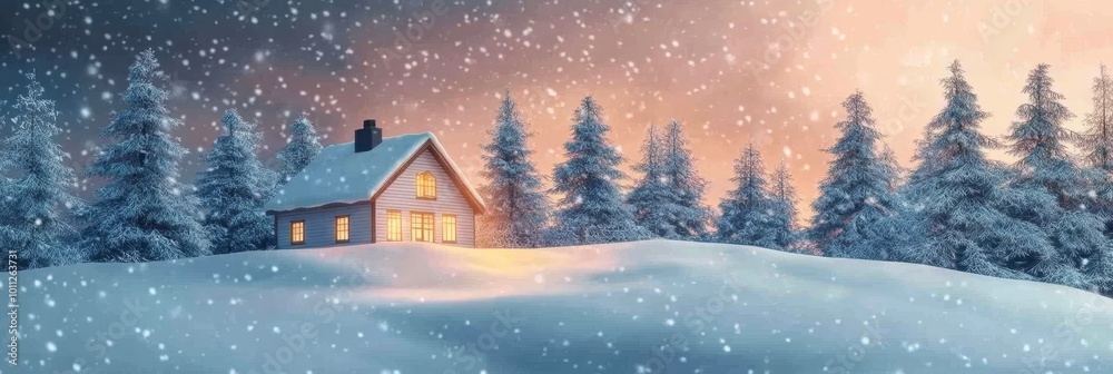 Snowy Winter Wonderland Cozy Cabin Amidst Snowfall and Evergreen Trees During Sunset Snowy Winter Wonderland Cozy Cabin Amidst Snowfall and Evergreen Trees During Sunset