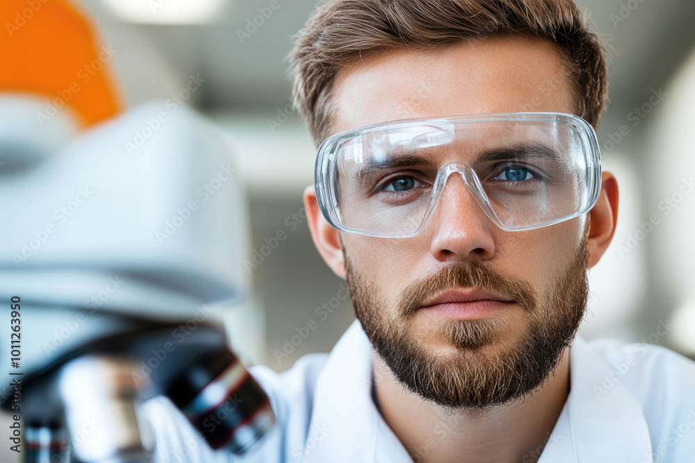 Technician in safety goggles examining product samples under a microscope, ensuring precision in quality control and product inspection Technician in safety goggles examining product samples under a microscope, ensuring precision in quality control and product inspection